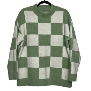 Comfylux Checkered Crew Neck Sage Green Sweater Size Large